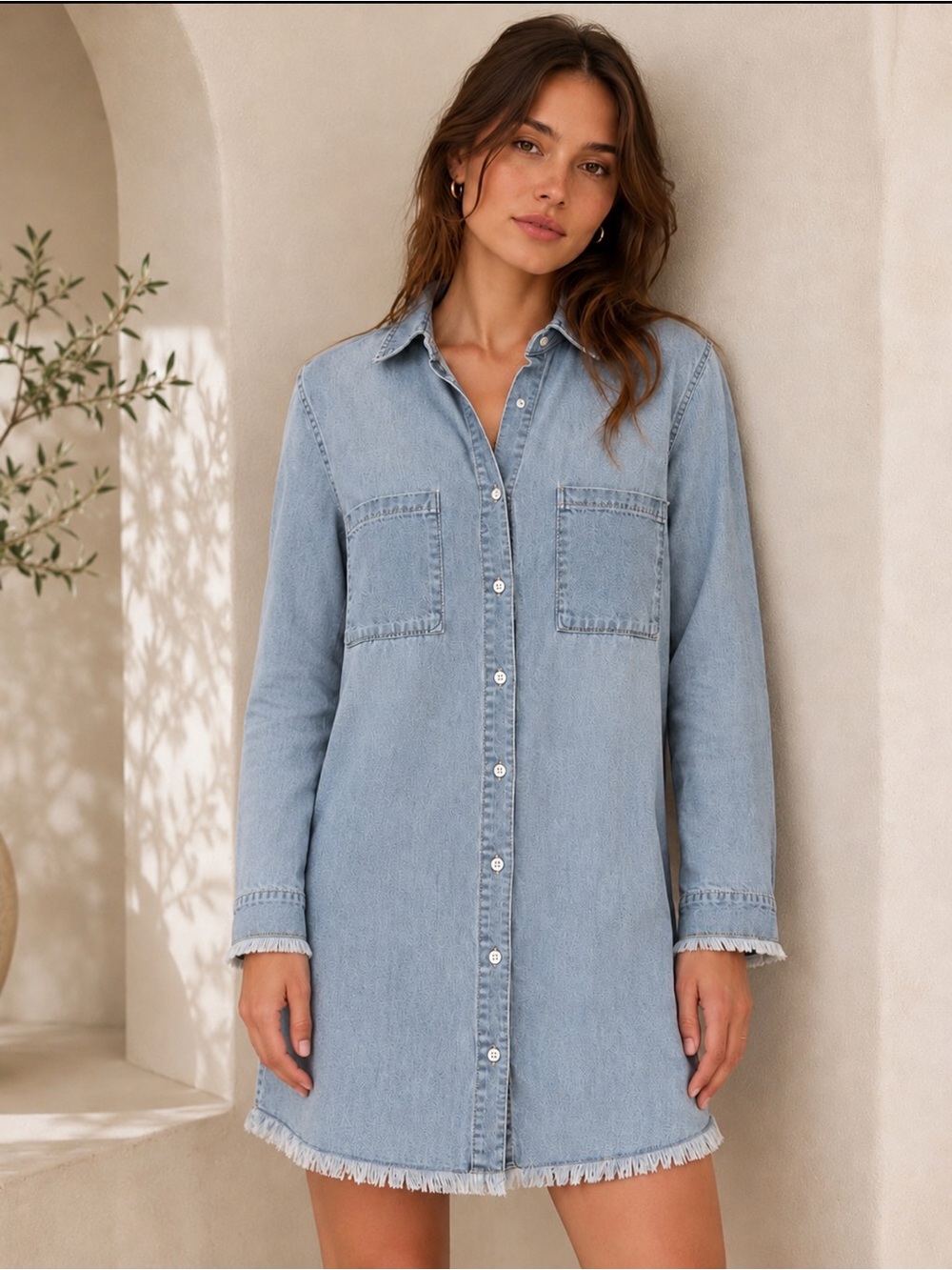 ZILCREMO Chambray Denim Shirt Dress Raw Hem Light Wash Button Front Size M